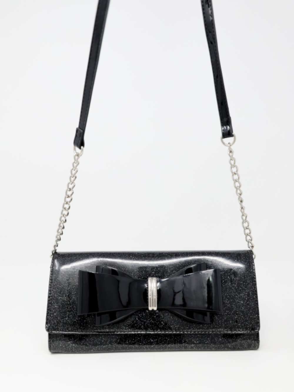 Betsey Johnson Black Faux Patent Crossbody with Bow Accent, Chain & Glitter NWOT